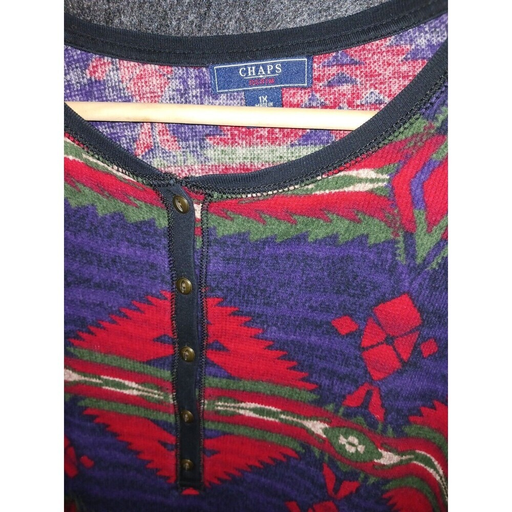 Chaps Denim Aztec Print Long Sleeve Waffle Knit Rib Thermal Henley Top Shirt 1x - Picture 2 of 10